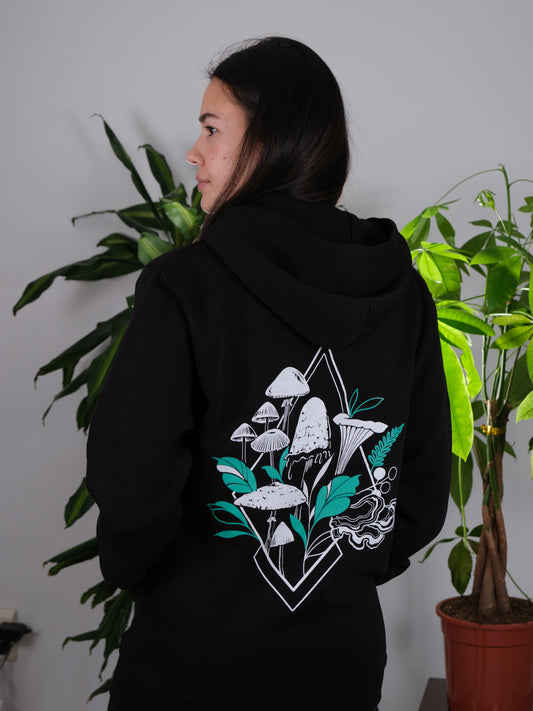 Female model displaying the back of the Fragrance of Fall Hoodie, highlighting the intricate mushroom design