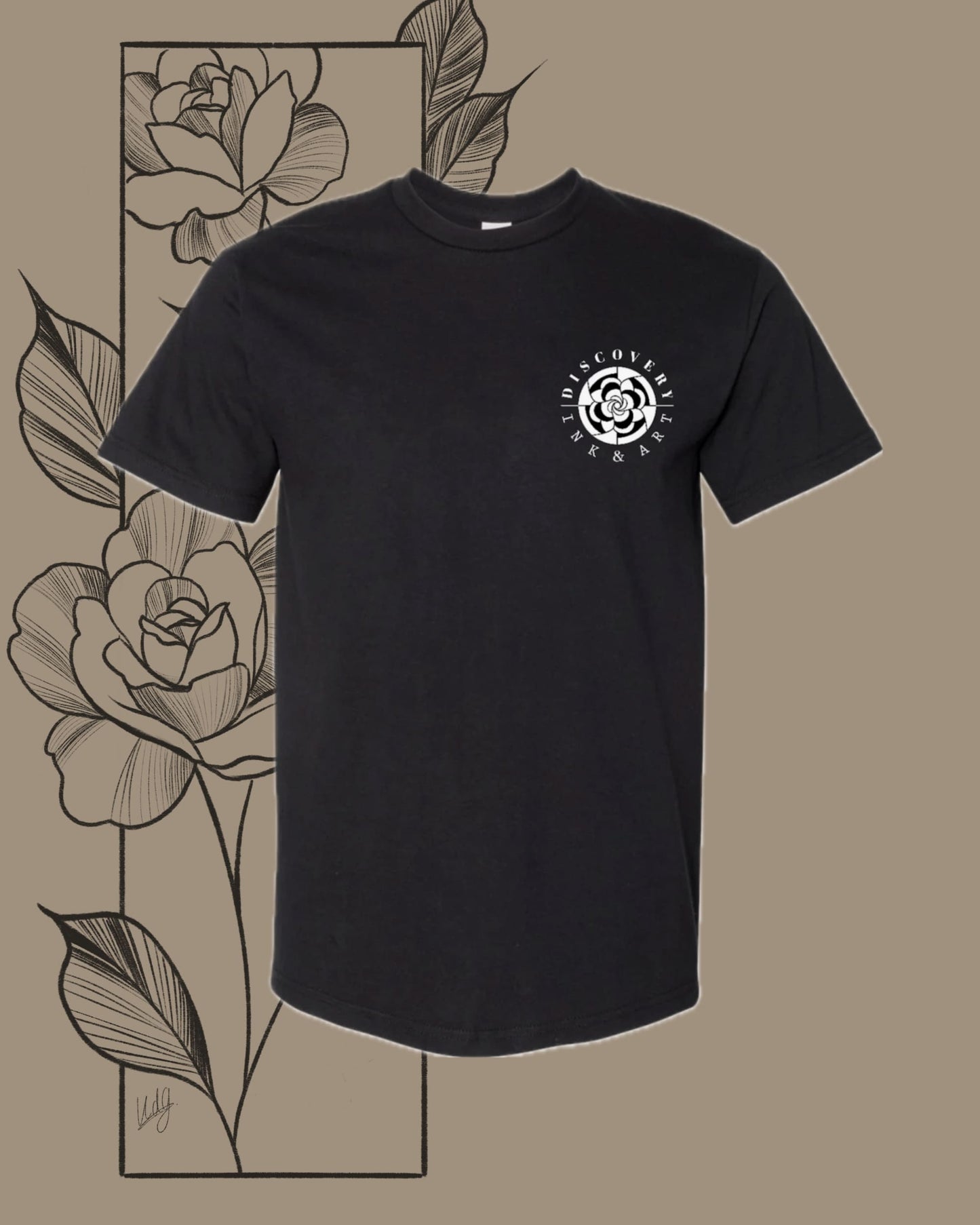 Artistic overlay of the front of the Love Knows No Bounds Black Tee on a vibrant floral background, emphasizing the stylish and detailed design.