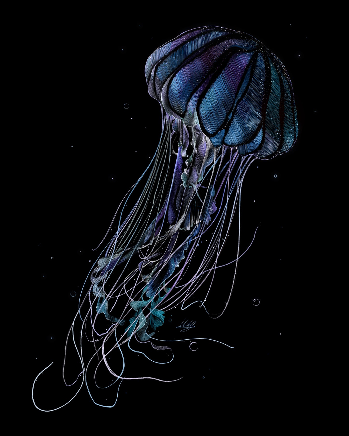 Close-up view of the Mercurial Jellyfish Art Print, highlighting the intricate details and vibrant colors of the jellyfish artwork.