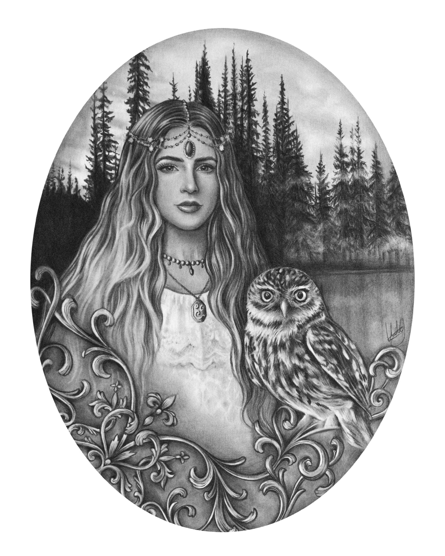 Close-up view of the Wisdom of the Forest Graphite Art Print, showcasing the intricate details and mystical elements of the artwork.