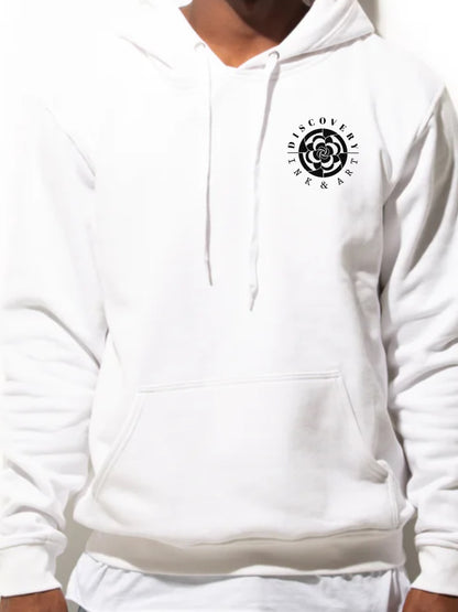 Discovery Ink & Art Logo featuring mandala inspired florals on a white hoodie