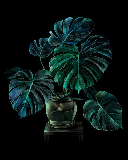 Close-up view of the Continuity Art Print showcasing the intricate Monstera design, perfect for adding a touch of nature-inspired art to any room