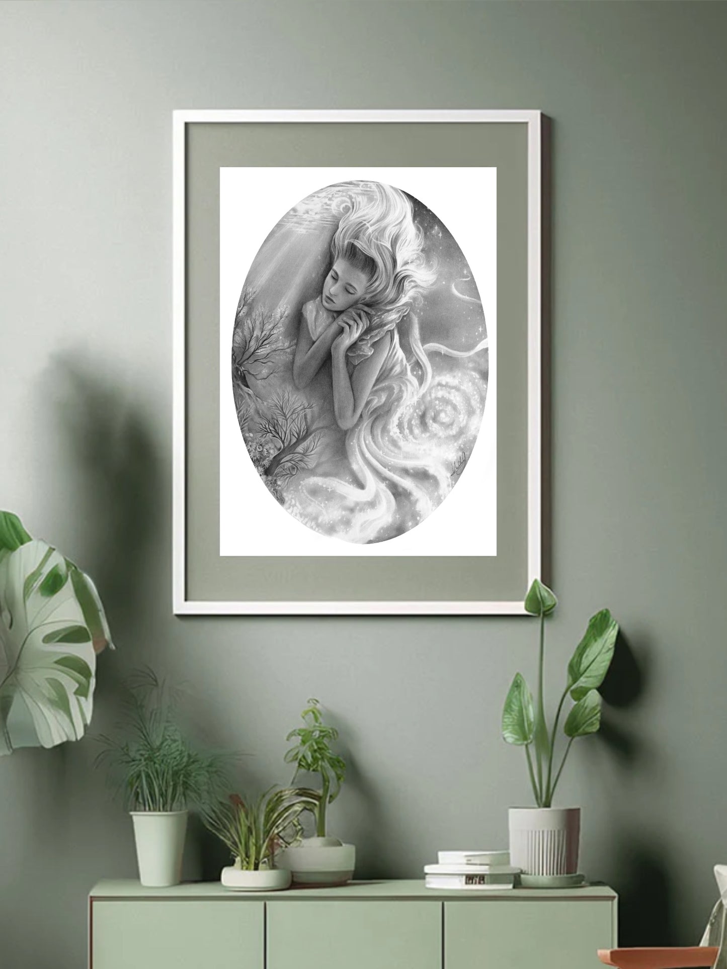 Enchanting women immersed with the ocean, trees, and universe - graphite art drawing