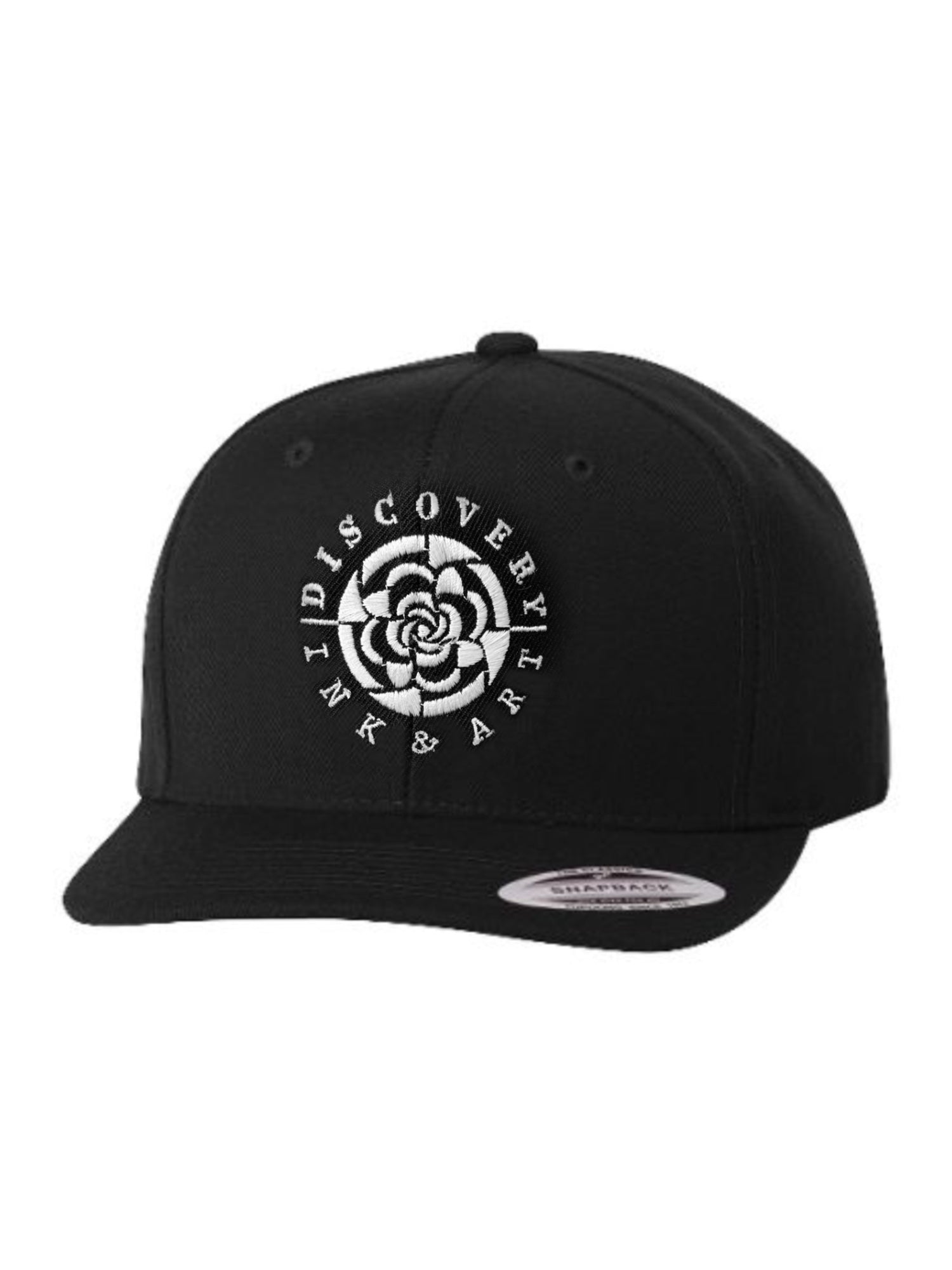 Black snapback hat with the words Discovery Ink & Art circled around a mandala-inspired logo