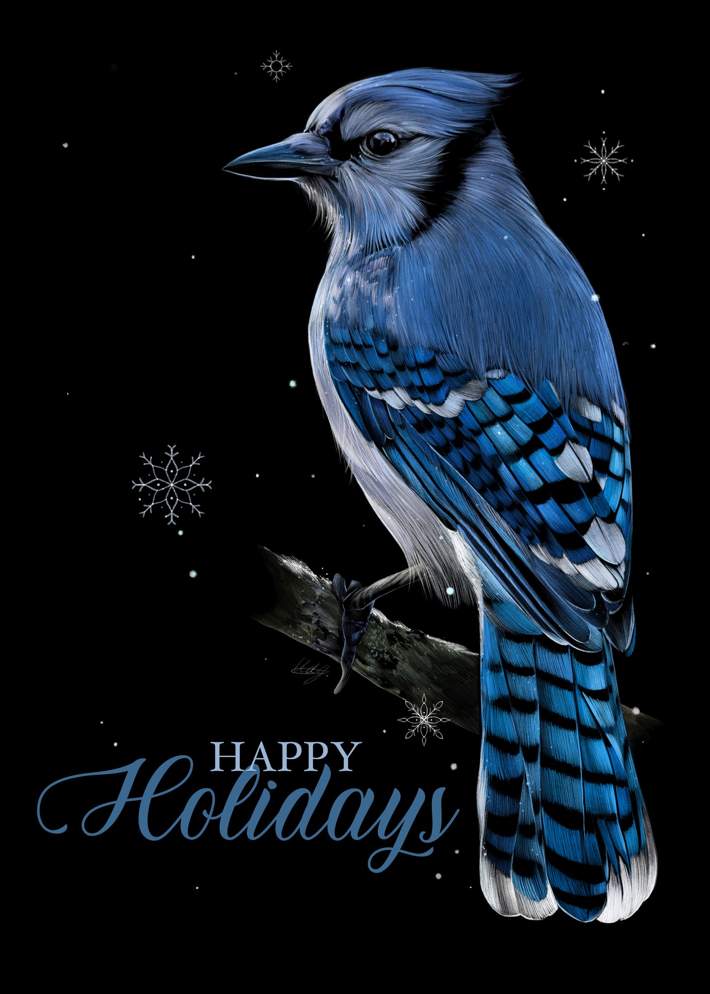 A holiday card featuring a blue jay with snowflakes falling. It reads "Happy Holidays."