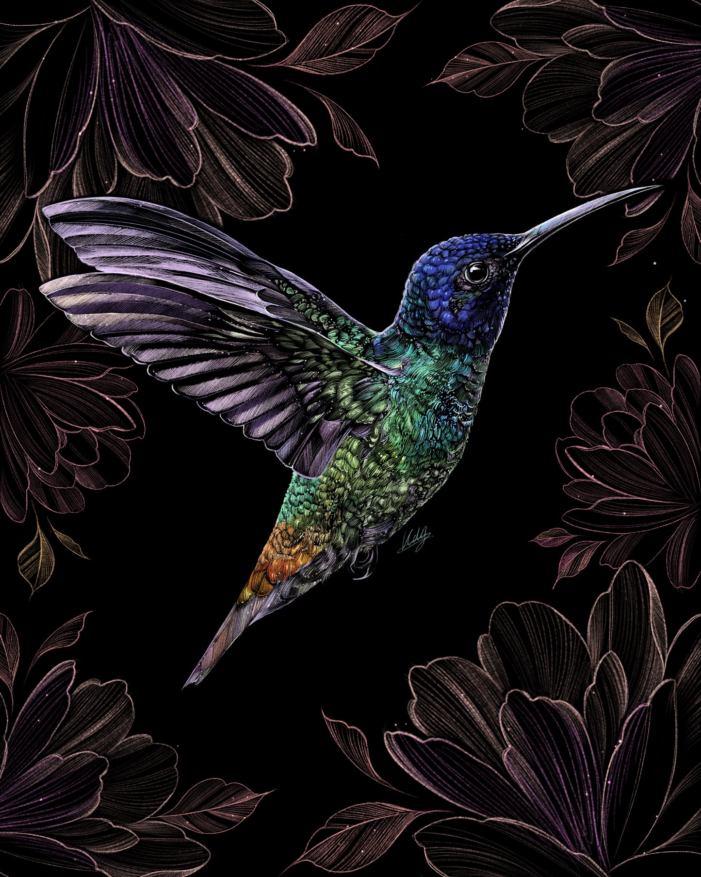 Multi-coloured hummingbird art surrounded by tattoo-inspired florals