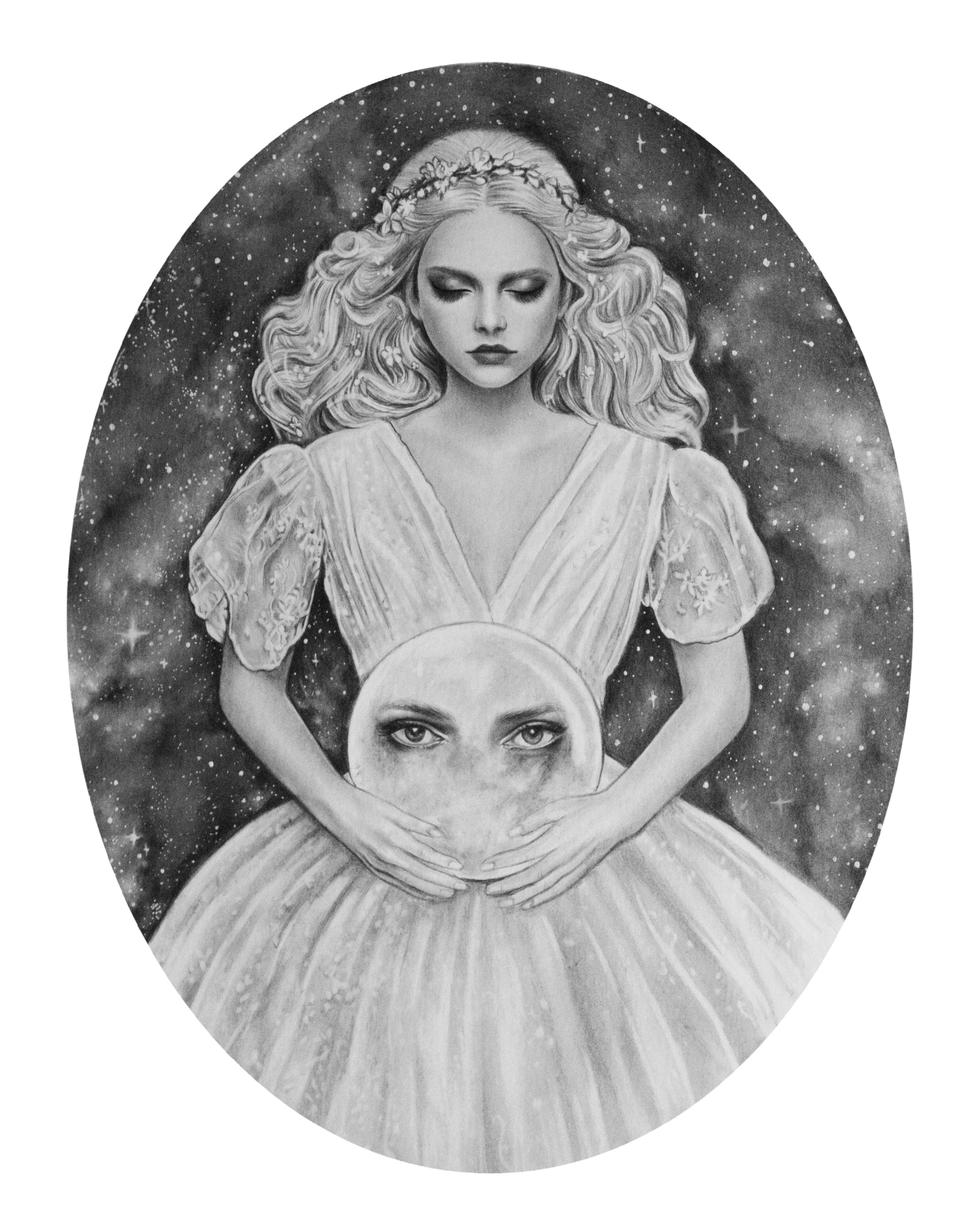 A graphite art print depicting a princess holding an all-seeing crystal ball overlayed over a starry night