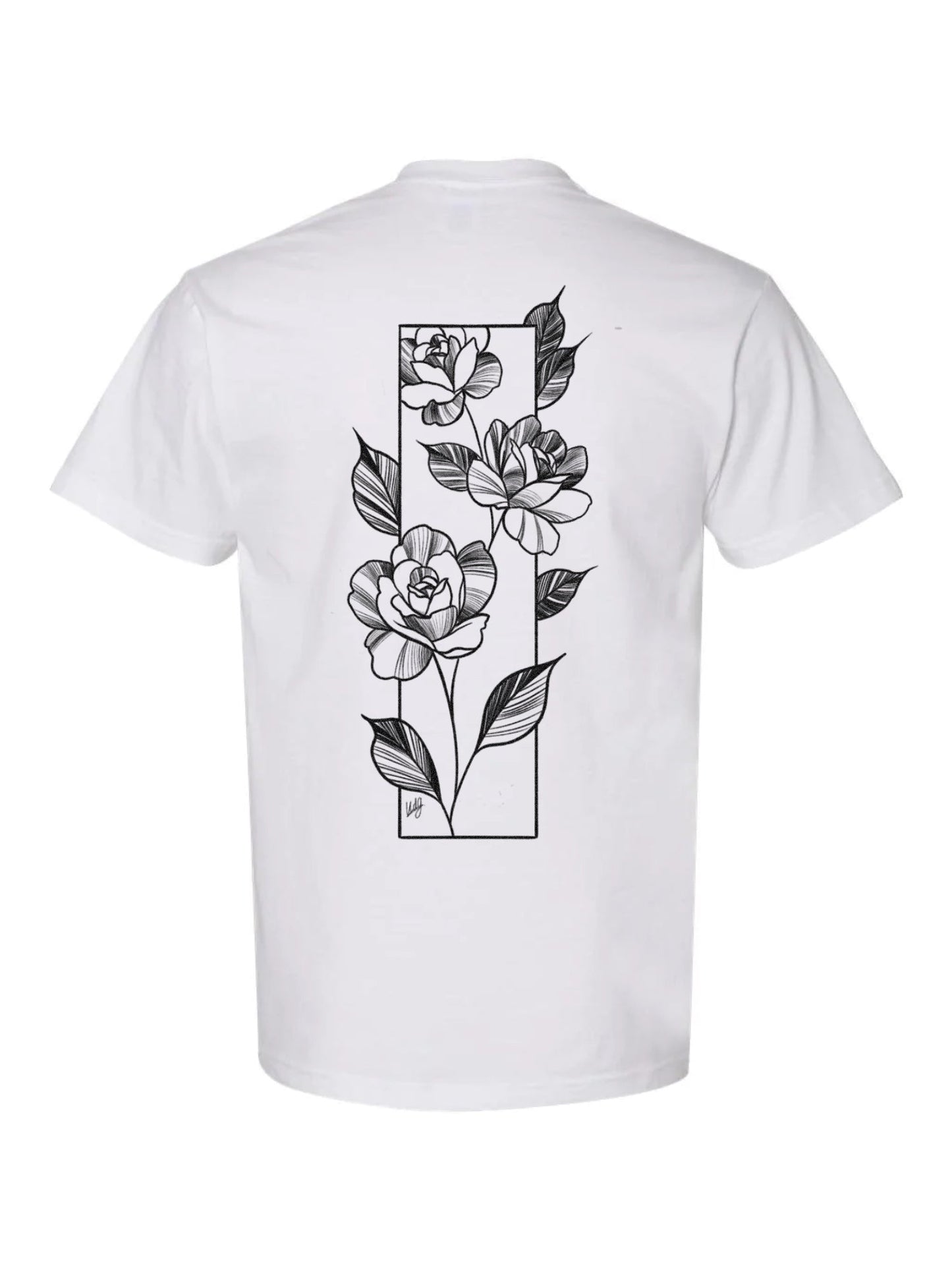 Tattoo inspired Roses art framed by a geometric rectangle on a white t-shirt