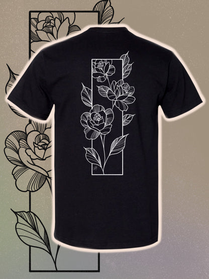 Tattoo inspired Roses art framed by a geometric rectangle on a black t-shirt