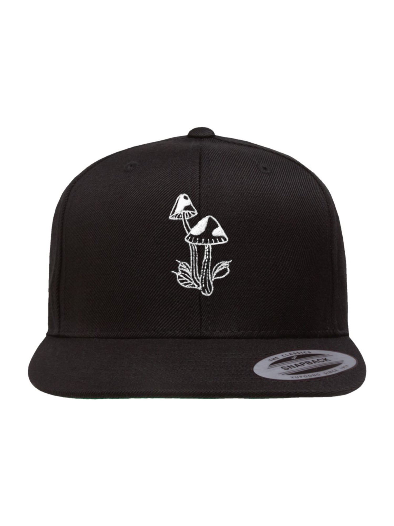 Black snapback hat with two tattoo-inspired psychedelic mushrooms and small leaves