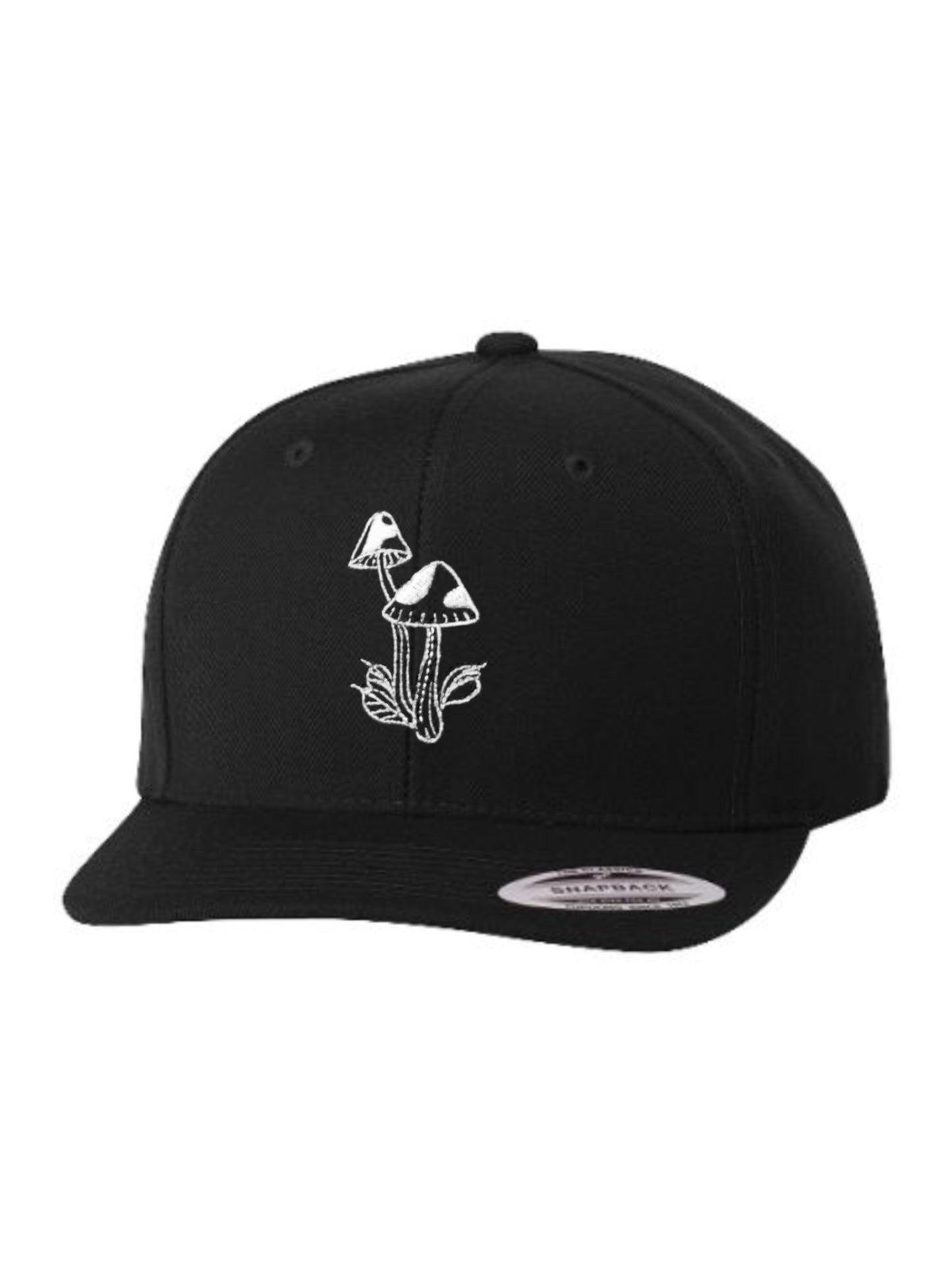 Black snapback hat with two tattoo-inspired psychedelic mushrooms and small leaves