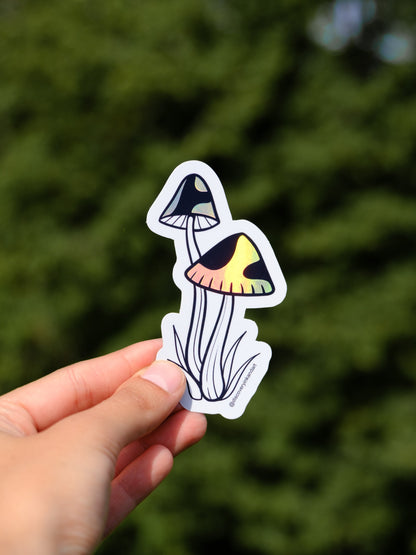 Two tattoo-inspired holographic mushrooms on a stickers