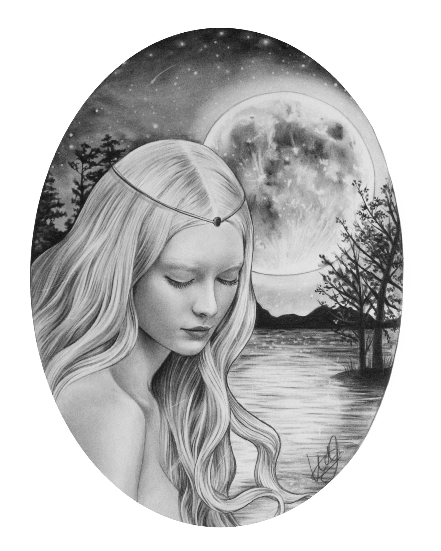 A graphite art depiction of a young princess reflects by the water under a full moon-lit sky.