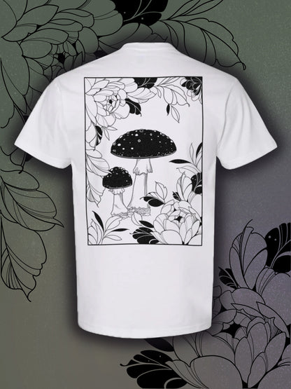 Amanita Muscaria Mushroom surrounded by tattoo-inspired florals on a white tee