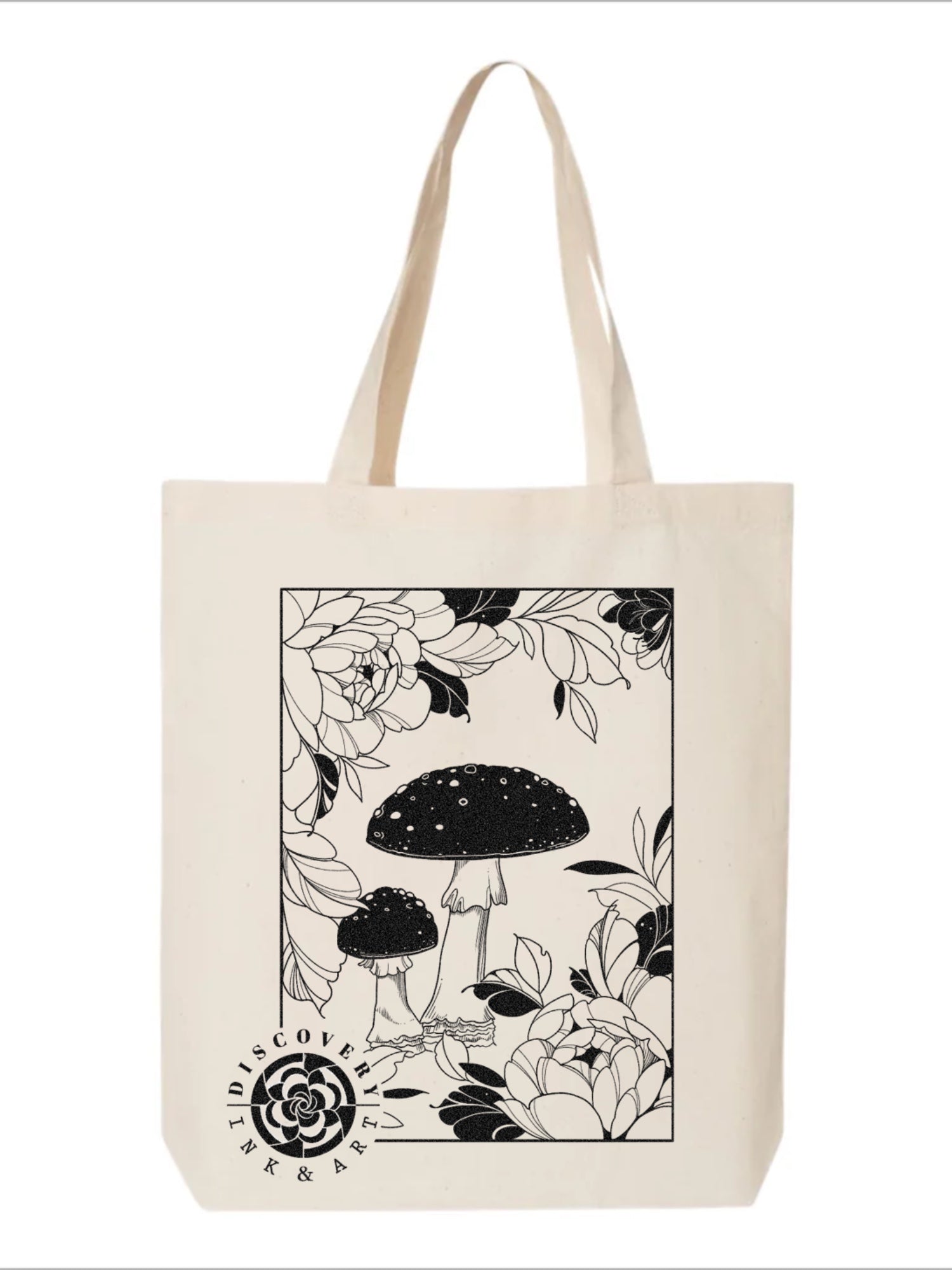 Mock-up of the Somatic Blossoms Tote Bag, highlighting the intricate botanical and mushroom artwork.
