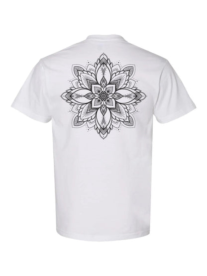 A geometric and floral-inspired mandala on a white tee