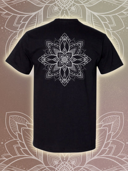 A geometric and floral-inspired mandala on a black tee