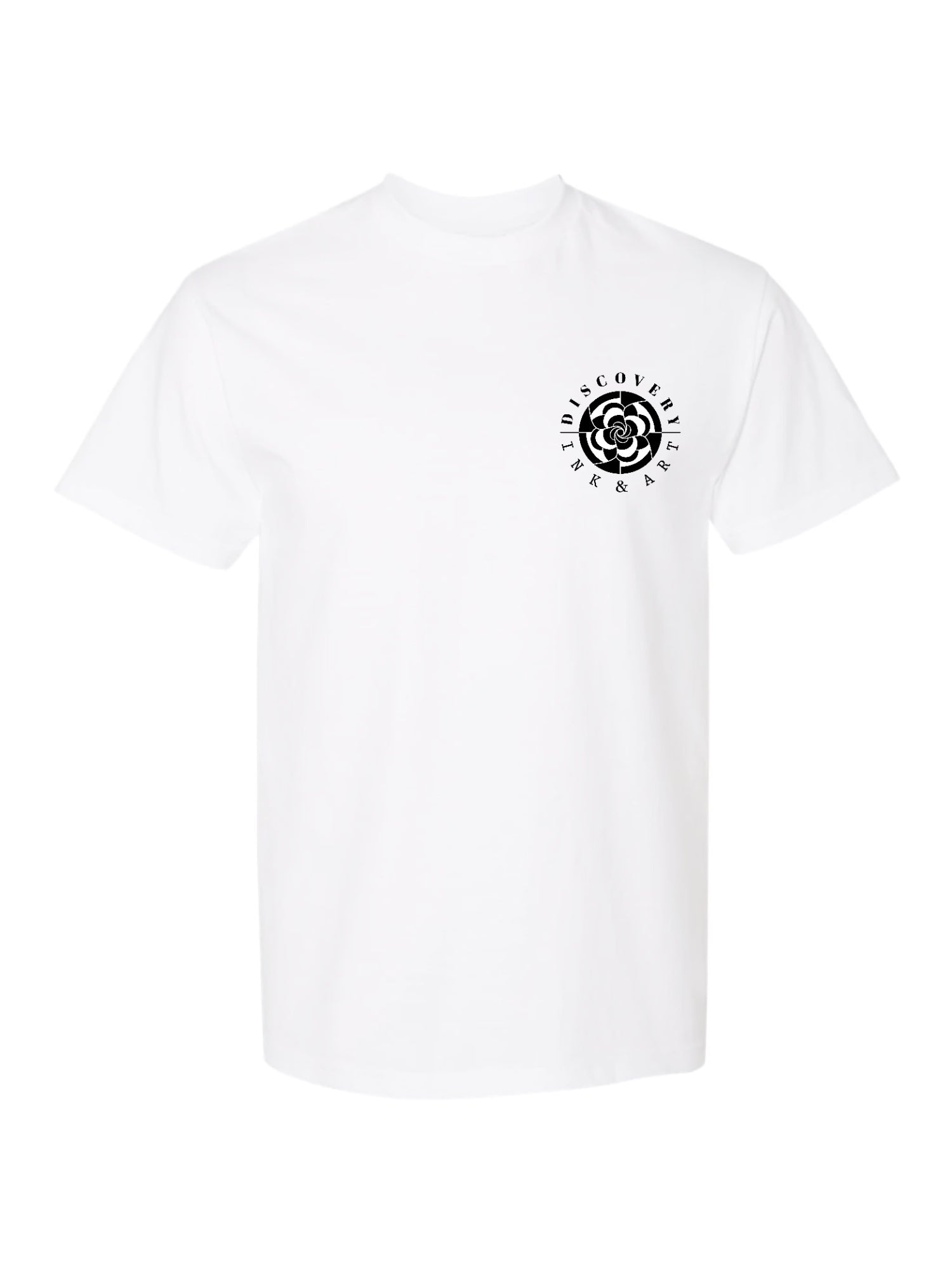 White tee with Discovery Ink & Art logo