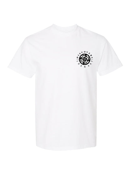 Discovery Ink & Art Logo on front of white t-shirt