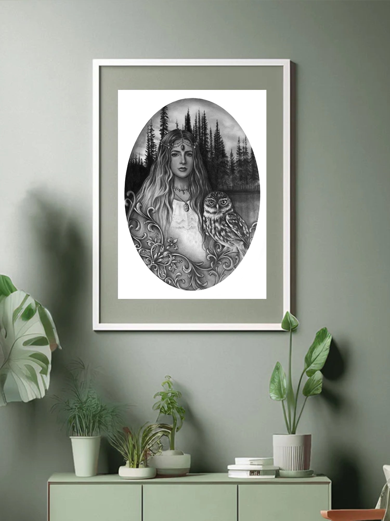 A graphite art depiction of A princess clad in diamond jewelry set Infront of a forested lake with her trusted guide, an owl.