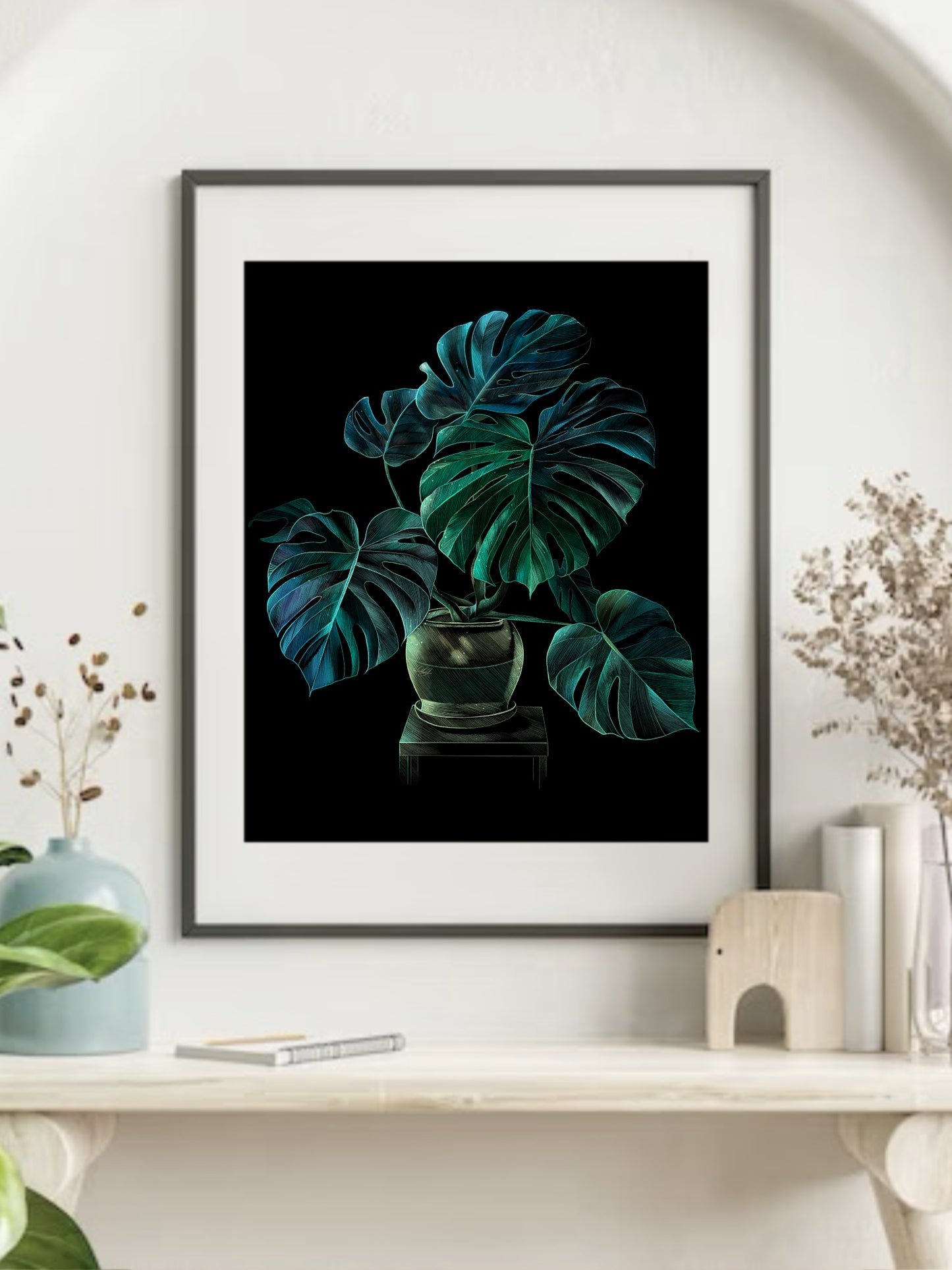 Continuity Art Print in a stylish frame, displayed on a wall surrounded by dried plants, enhancing the natural aesthetic of the living space.