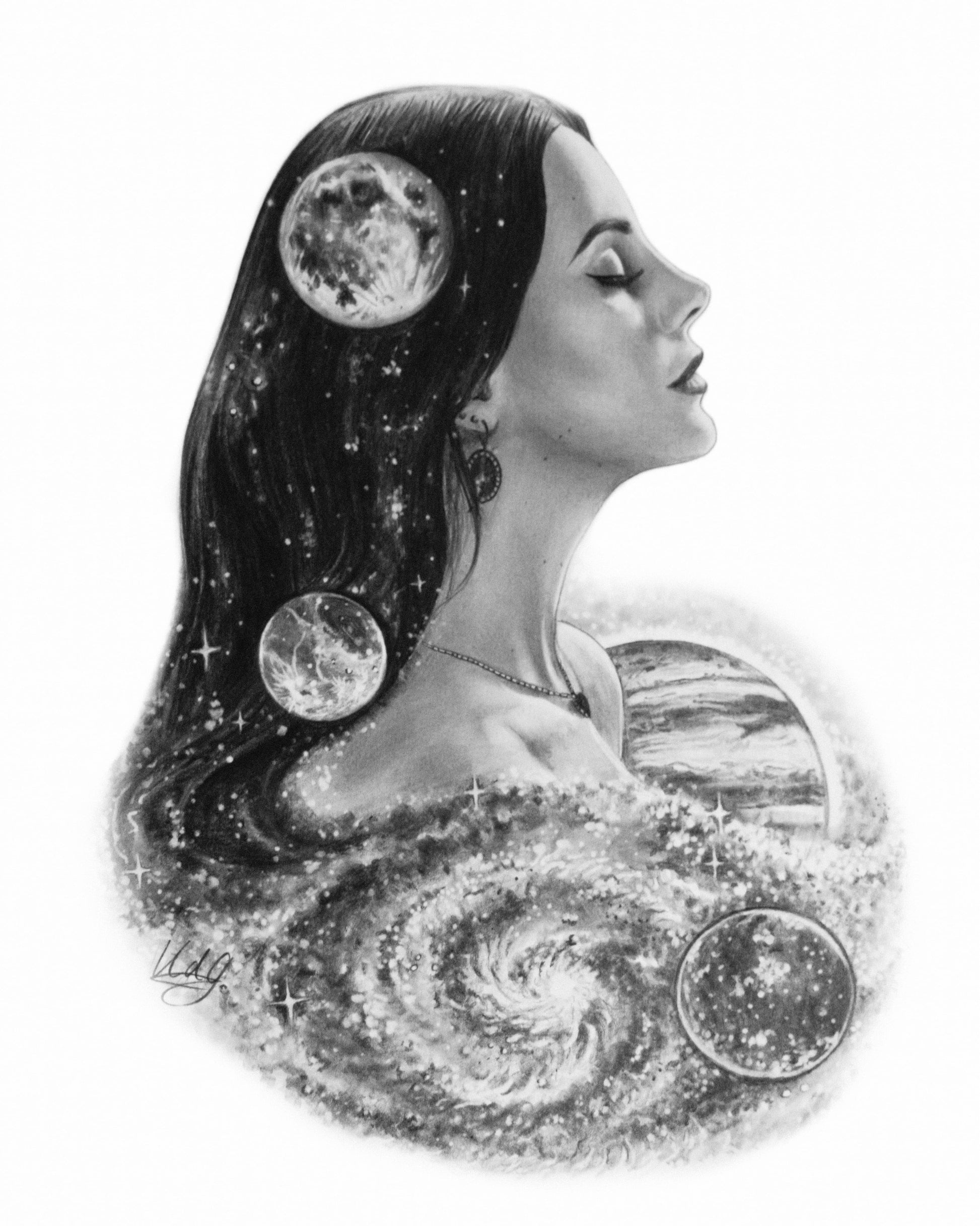 Close-up of the Cosmic Alignment Art Print featuring a celestial depiction of Lana Del Rey, blending pop culture with mystical art elements.