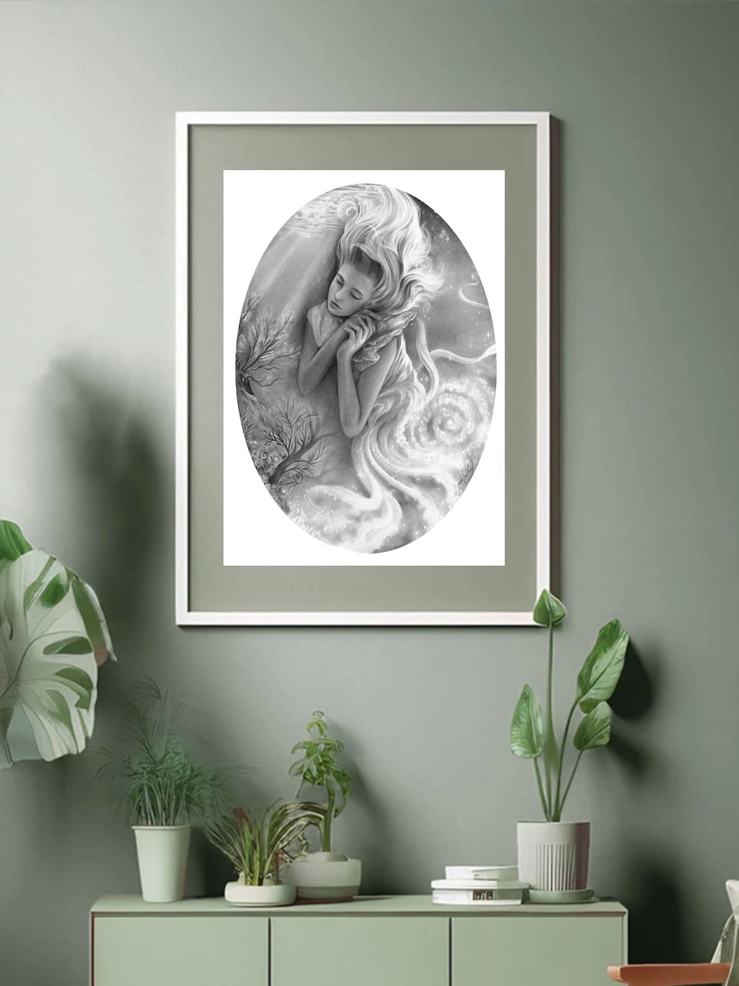 Framed Cosmic Dreams Art Print in a cozy living space setting, displaying rich celestial motifs that invite contemplation and calm