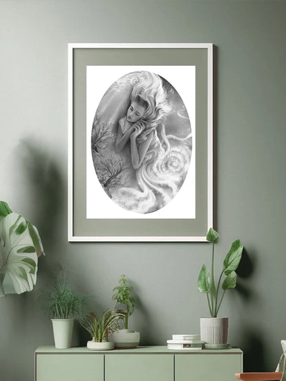 Framed Cosmic Dreams Art Print in a cozy living space setting, displaying rich celestial motifs that invite contemplation and calm