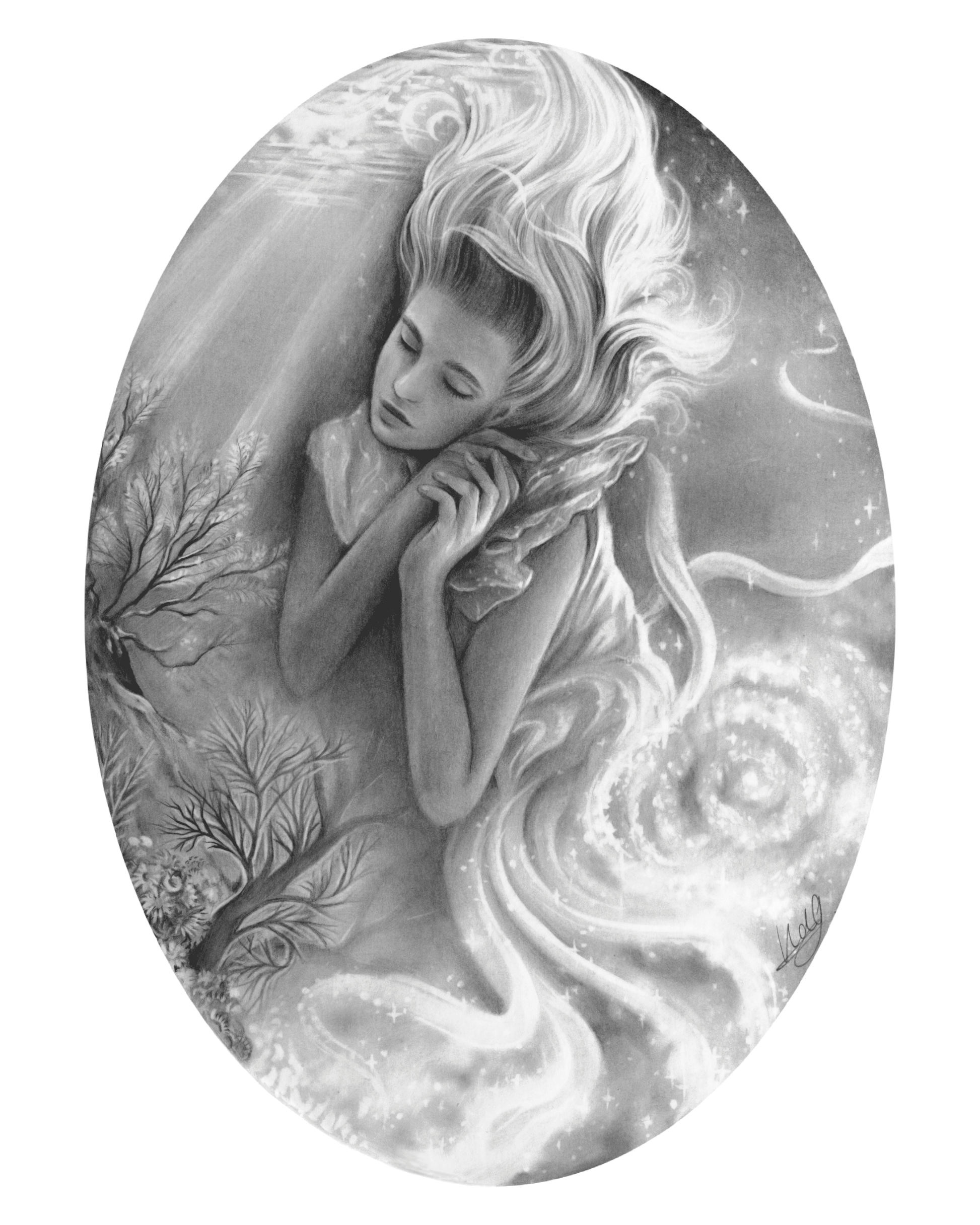 Detailed view of the Cosmic Dreams Art Print, showcasing intricate cosmic and celestial patterns that evoke a sense of tranquility and wonder.
