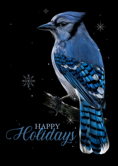 Front view of the Happy Holidays Blue Jay Card, featuring a beautiful blue jay in a festive design, perfect for holiday greetings