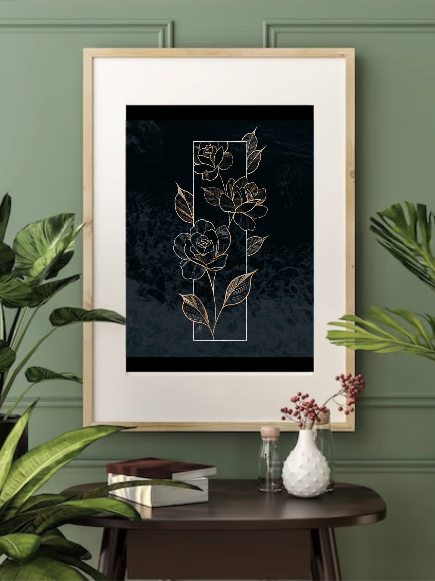 Framed Love Knows No Bounds Art Print displayed in a stylish living space, adding a touch of floral elegance and romantic symbolism to the decor.