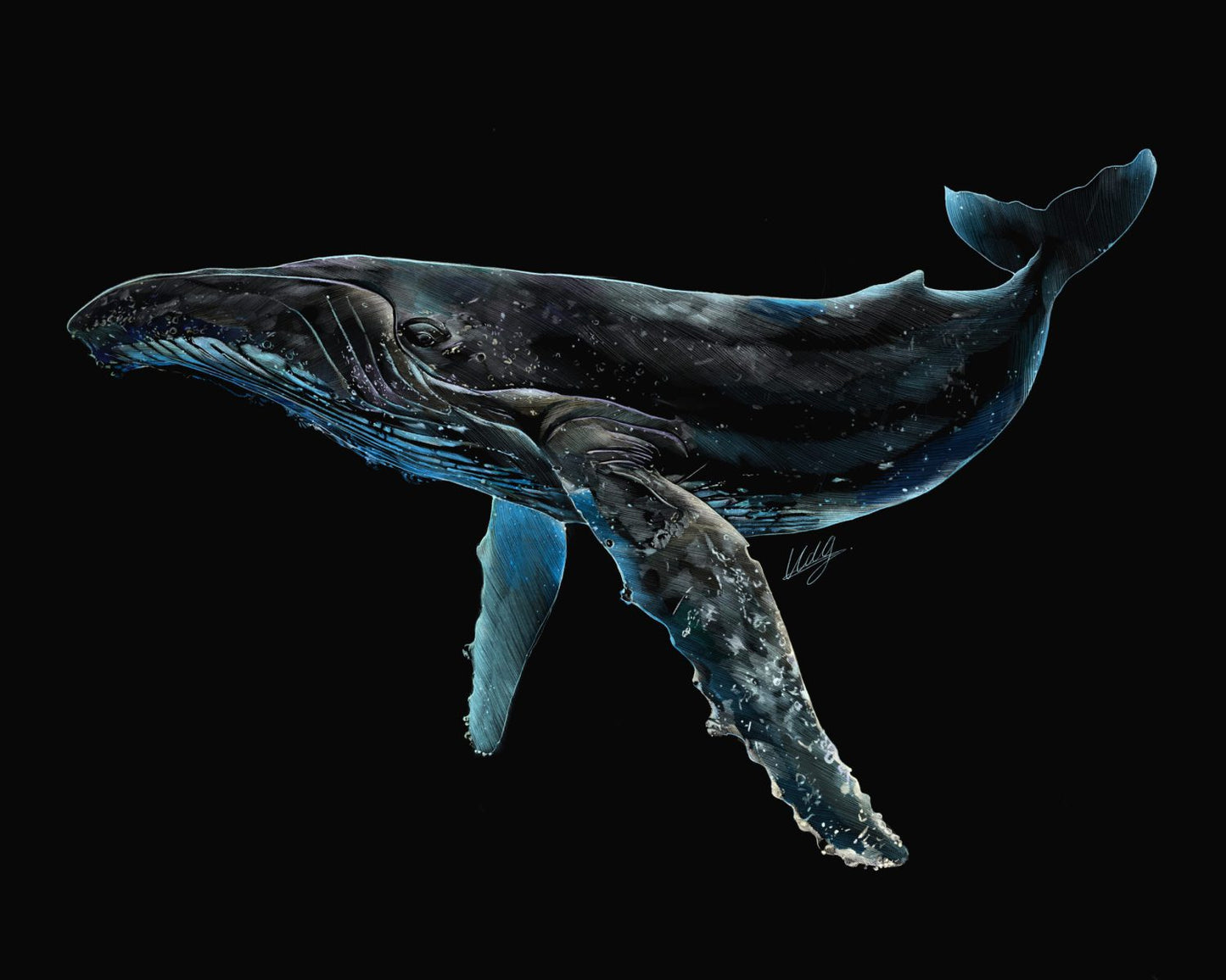 Close-up view of the Luminescent Humpback Whale Art Print, showcasing intricate details and vibrant colors of the whale artwork.