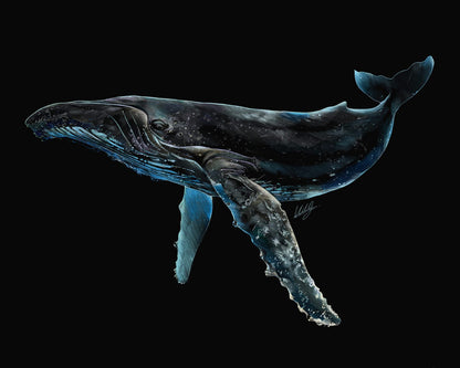 Close-up view of the Luminescent Humpback Whale Art Print, showcasing intricate details and vibrant colors of the whale artwork.