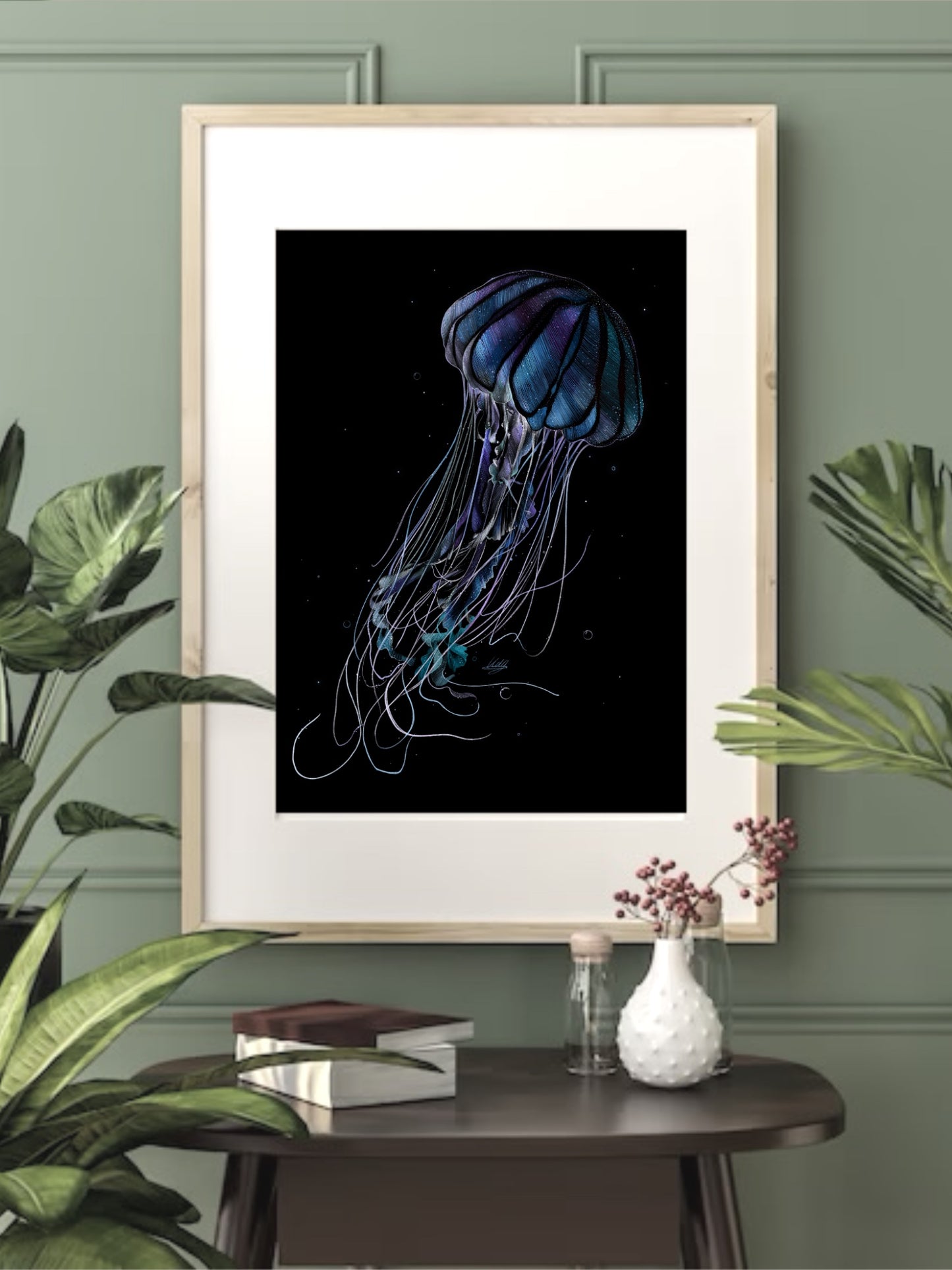 Framed Mercurial Jellyfish Art Print displayed in a modern living space, adding a touch of aquatic beauty and elegance to the decor.