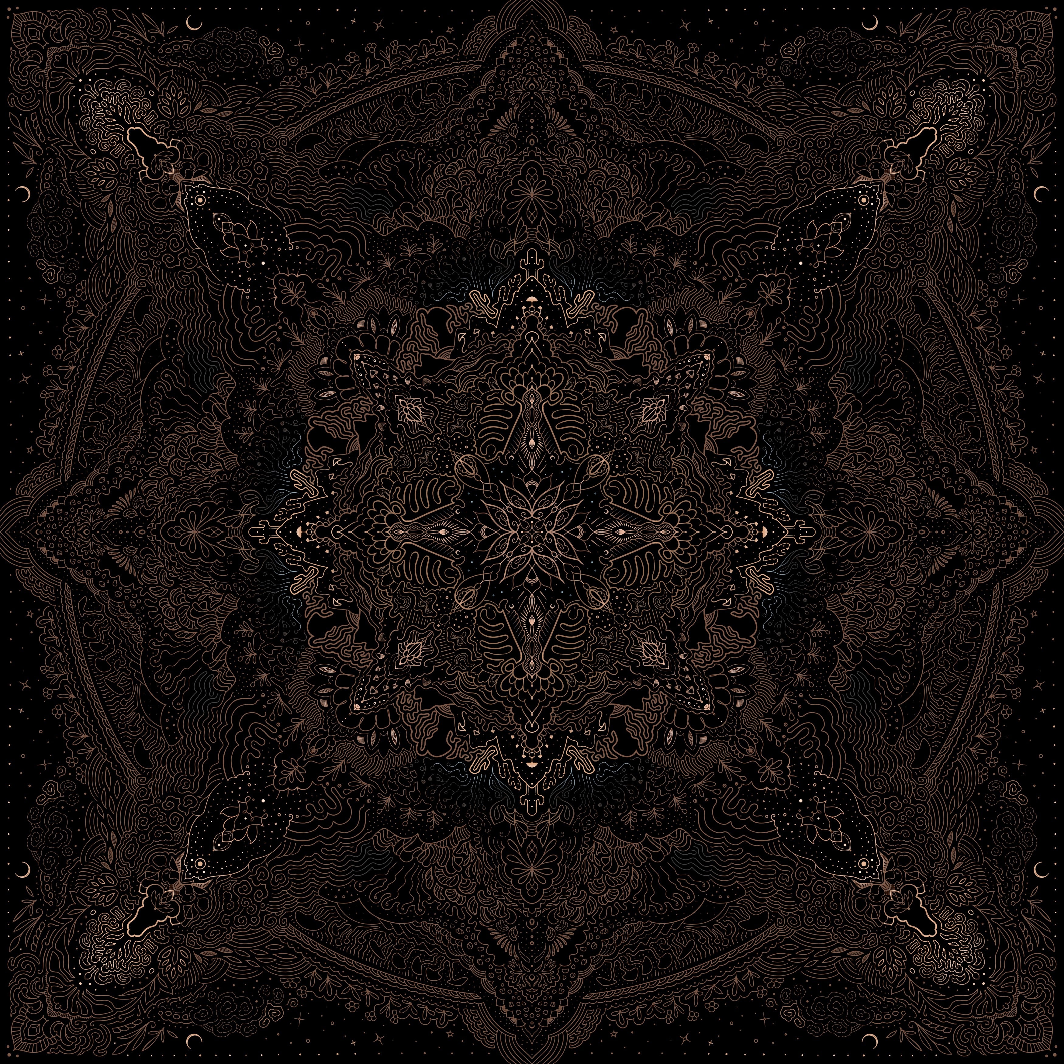 Background image on the About Us page featuring a psychedelic, ornamental, and dot-work mandala art piece, symbolizing the artistic and spiritual depth of our approach.
