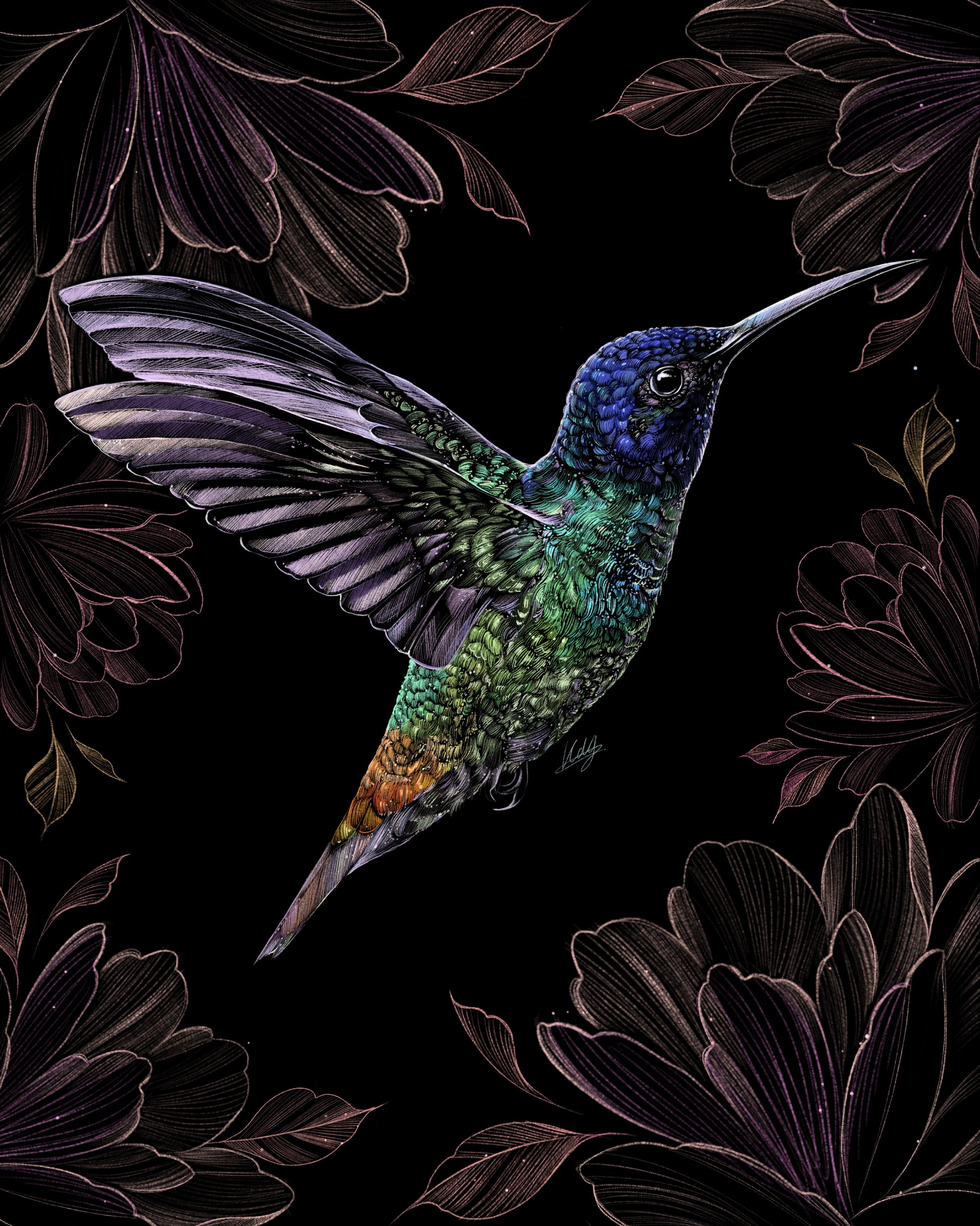 Close-up view of the Radiant Hummingbird Art Print, showcasing the vibrant hummingbird and tattoo-inspired floral designs.