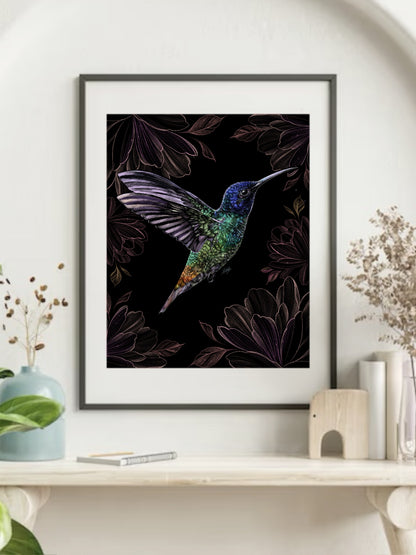 Framed Radiant Hummingbird Art Print displayed in a stylish living space, adding a touch of vibrant nature and floral elegance to the decor.