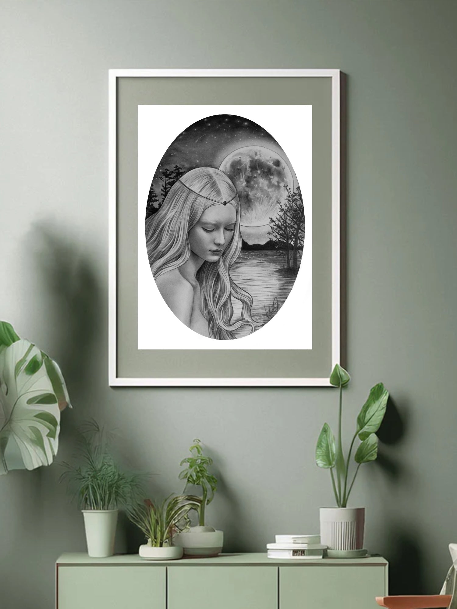 Framed Reflections in the Moon Light Graphite Art Print displayed in a serene living space, adding a touch of mystical elegance to the decor.
