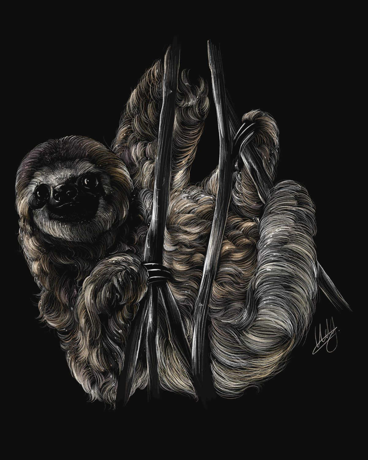 Close-up view of the Savour Sloth Art Print, highlighting the detailed fine lines and relaxed expression of the sloth artwork.