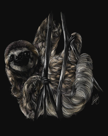 Close-up view of the Savour Sloth Art Print, highlighting the detailed fine lines and relaxed expression of the sloth artwork.