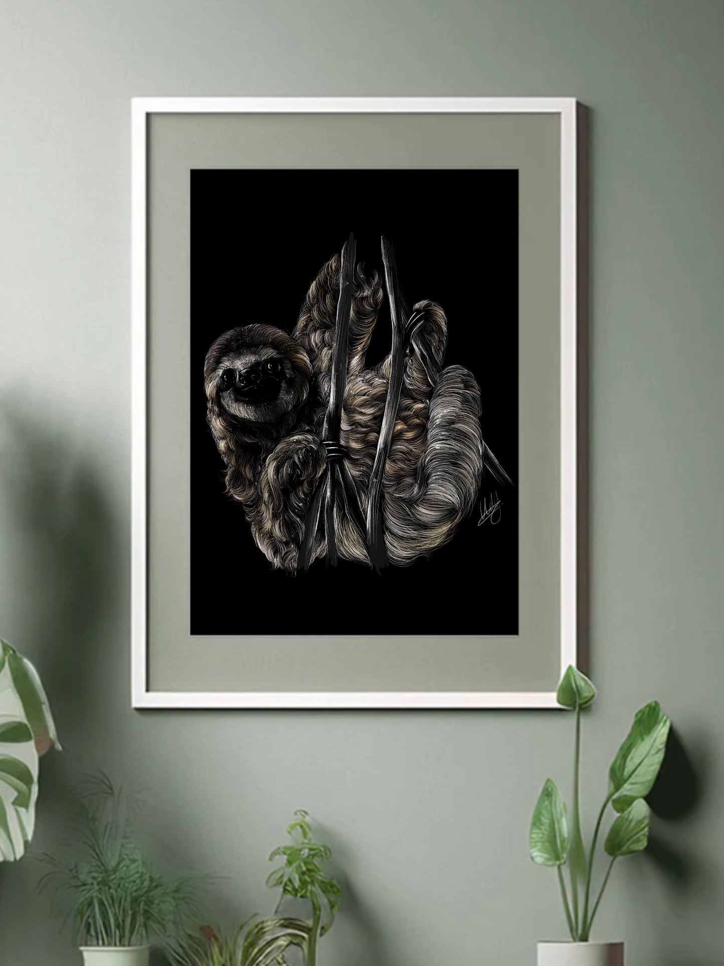 Framed Savour Sloth Art Print displayed in a cozy living space, adding a touch of calm and relaxation to the decor.