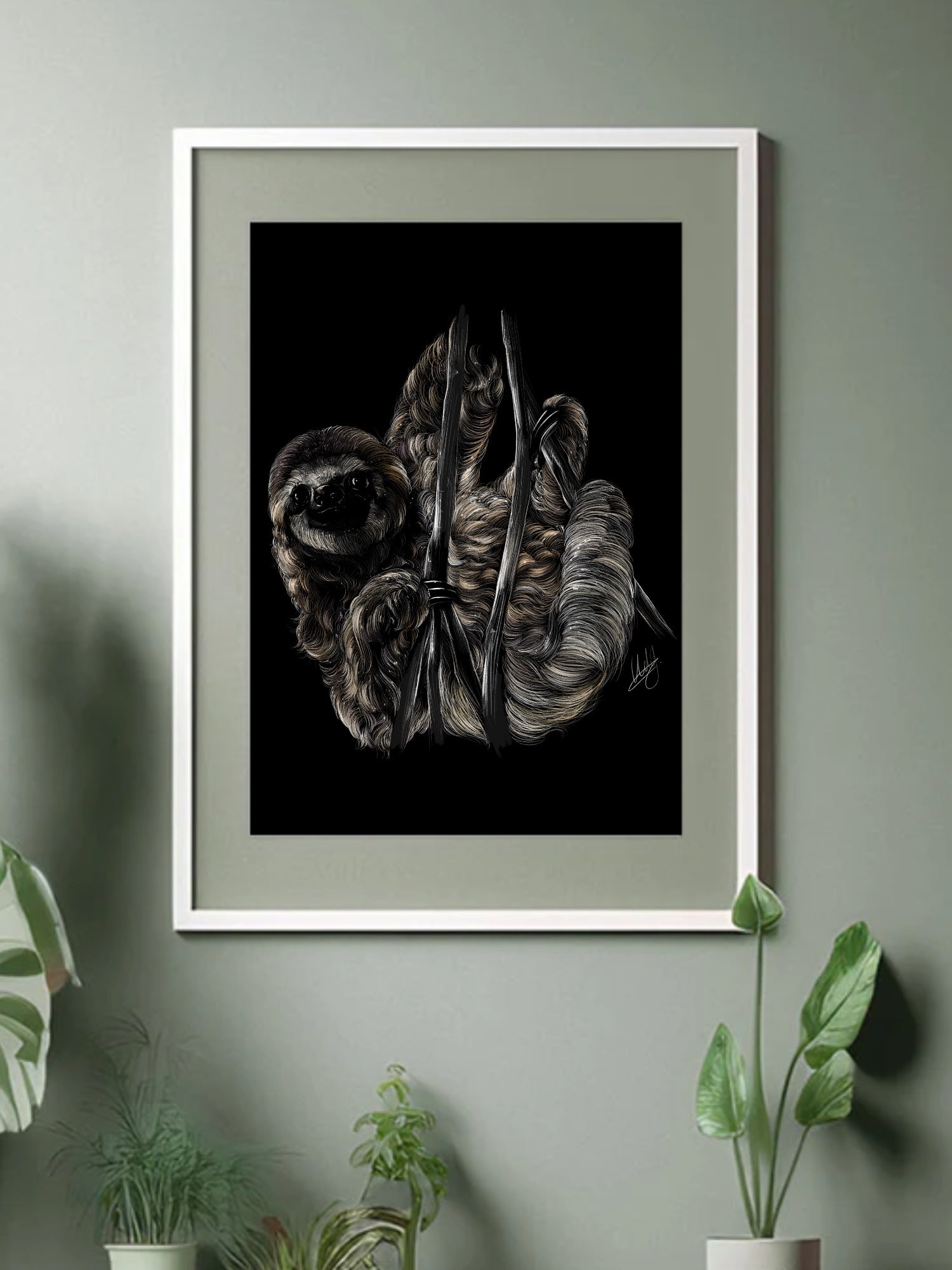 Framed Savour Sloth Art Print displayed in a cozy living space, adding a touch of calm and relaxation to the decor.