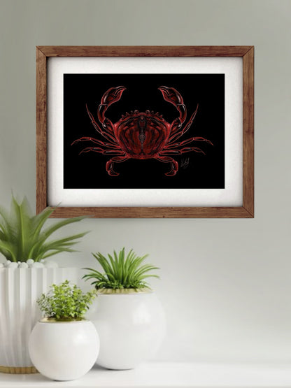 Framed Sideways Crab Art Print displayed in a coastal-themed living space, adding a touch of marine life and elegance to the decor.