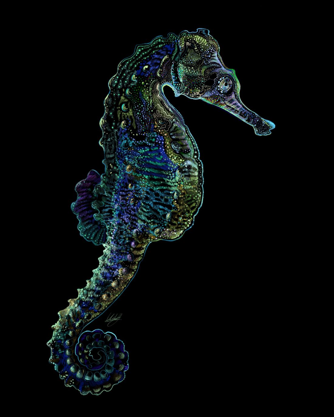 Close-up view of The Hitchhiker Seahorse Art Print, showcasing the intricate details and vibrant colors of the seahorse artwork.