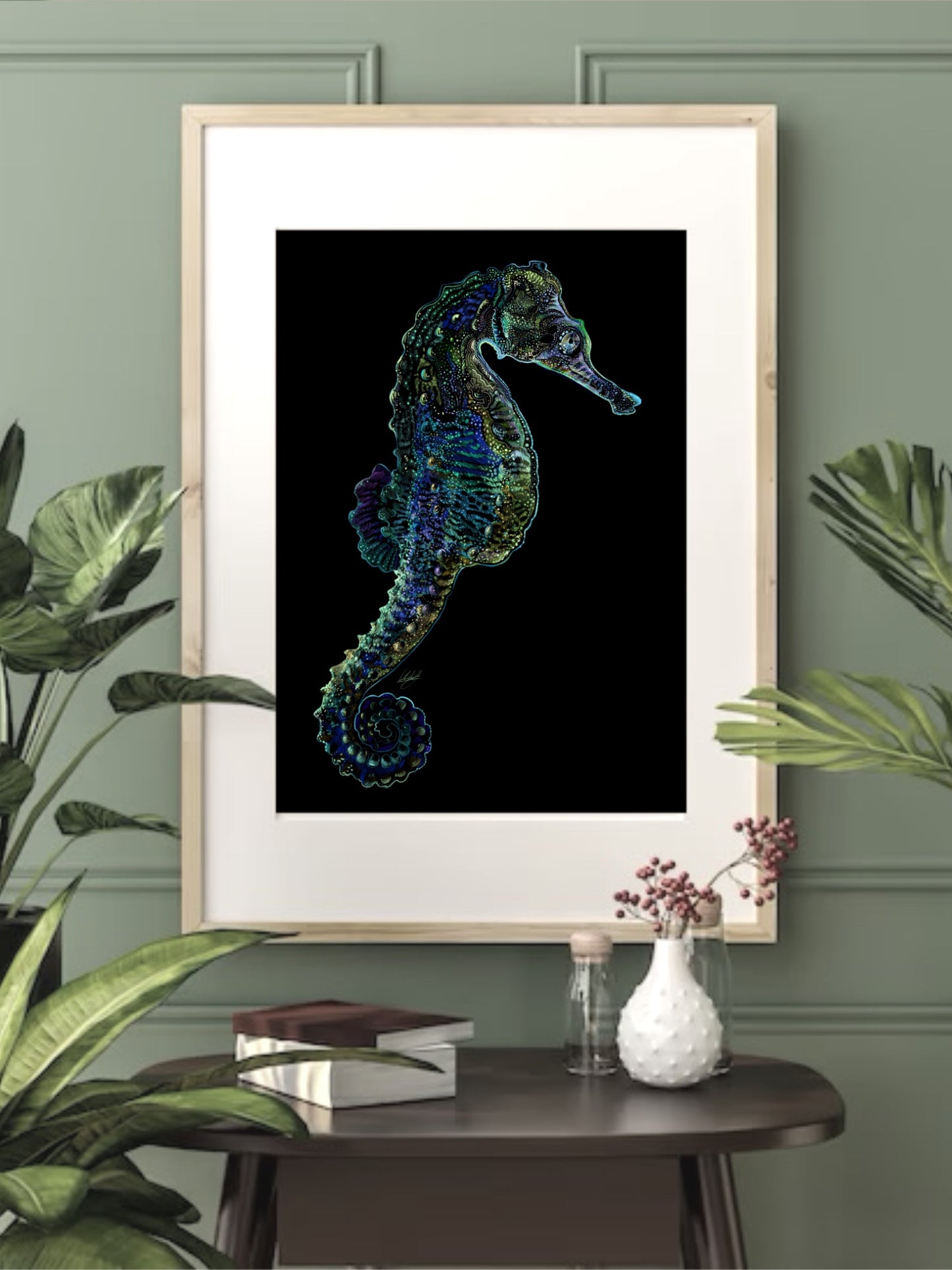 Framed The Hitchhiker Seahorse Art Print displayed in a stylish living space, adding a touch of marine beauty and elegance to the decor.