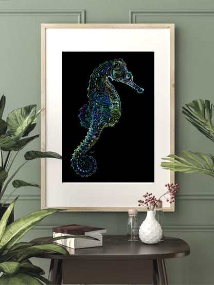 Framed The Hitchhiker Seahorse Art Print displayed in a stylish living space, adding a touch of marine beauty and elegance to the decor.