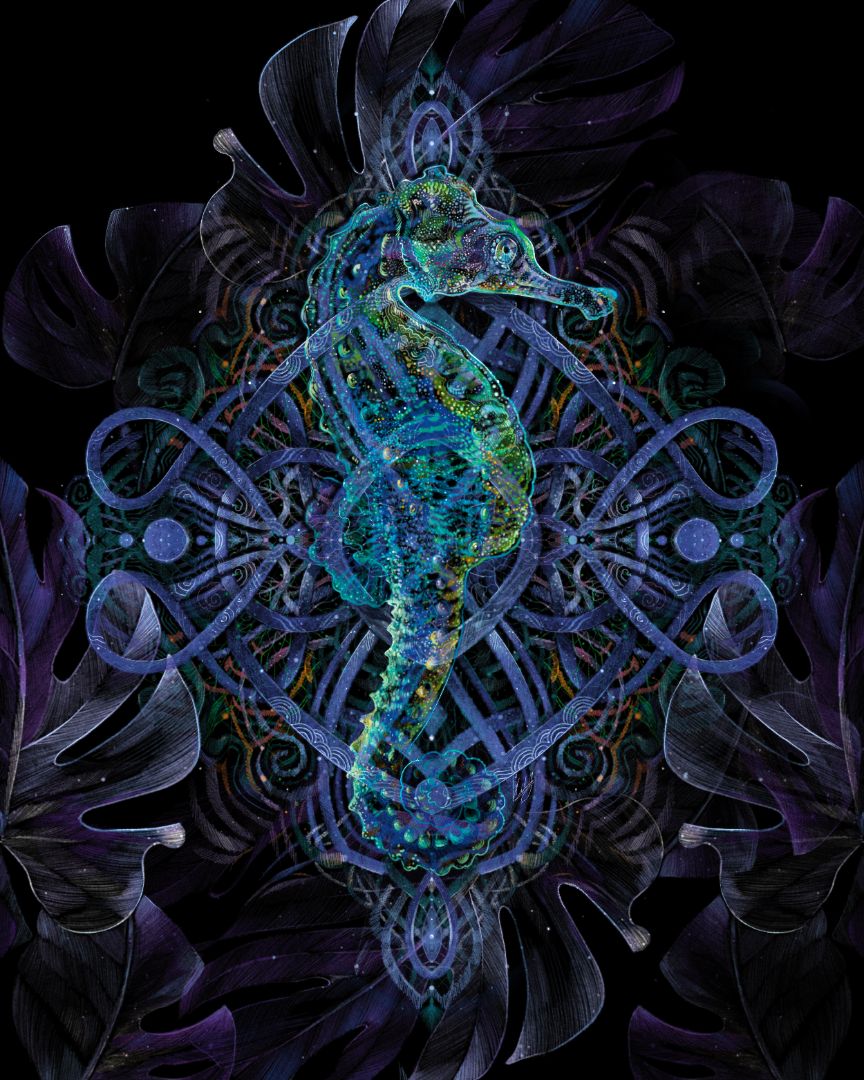 Close-up view of the Tranquility Psychedelic Seahorse Art Print, highlighting the vibrant colors and intricate details of the seahorse artwork.