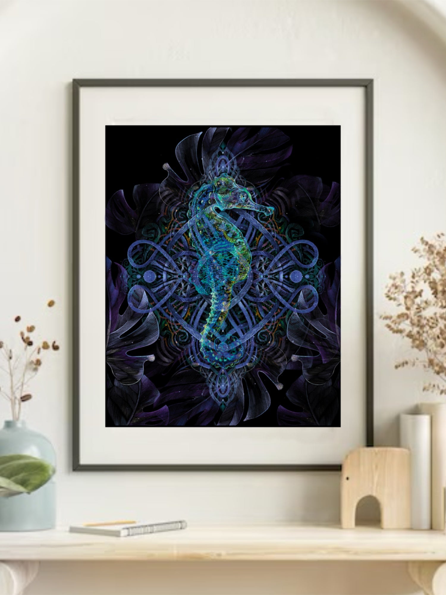 Framed Tranquility Psychedelic Seahorse Art Print displayed in a serene living space, adding a touch of colorful aquatic beauty and elegance to the decor.