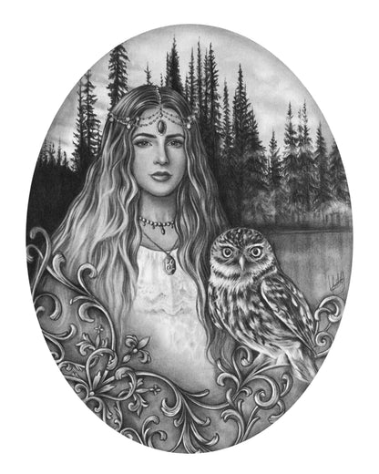 Close-up view of the Wisdom of the Forest Graphite Art Print, showcasing the intricate details and mystical elements of the artwork.